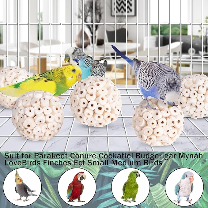 6 Pieces Bird Parrot Chew Toy Sola Balls, Natural Parrot Soft Chew Shredding & Foraging Toy, Bird Foot Balls for Cockatiel Conure Quaker Budgie Parakeet Bunny Guinea Pig Chinchilla Rabbit
