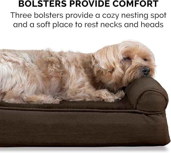 Furhaven Orthopedic Dog Bed for Large Dogs w/ Removable Bolsters & Washable Cover, For Dogs Up to 95 lbs - Plush & Suede Sofa - Espresso, Jumbo/XL