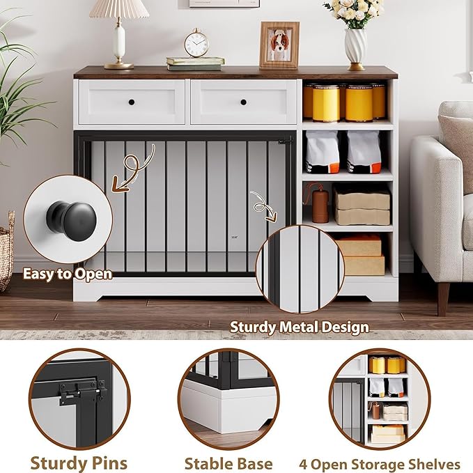 Dog Crate Furniture 47?? Large Dog Crate TV Stand with 2 Drawers and 4 Shelves, Wooden Dog Kennel Indoor, Decorative Dog Cage with Storage for Large Dogs, White