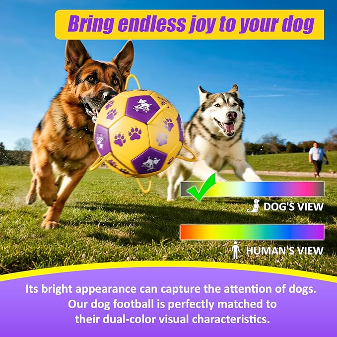 Size 3 Dog Soccer Ball with Straps Durable Training Ball for Pets Interactive Outdoor Dog Toy,Yellow & Purple, Paw and Puppy Design, for Medium & Large Puppie