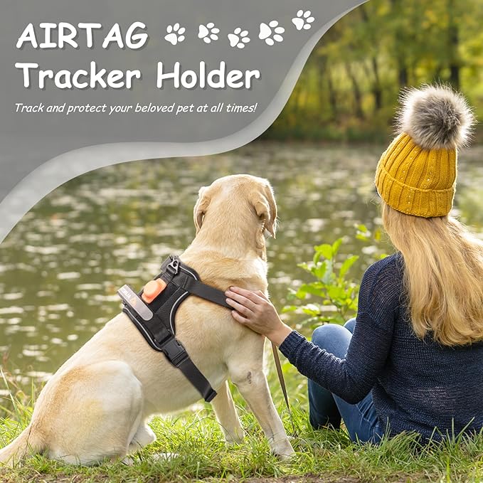 AUROTH XL Dog Harness, No Pull Dog Vest Harness with Handle, AIRTAG Holder, Reflective Strips, Adjustable, Large Dog Harness, Black