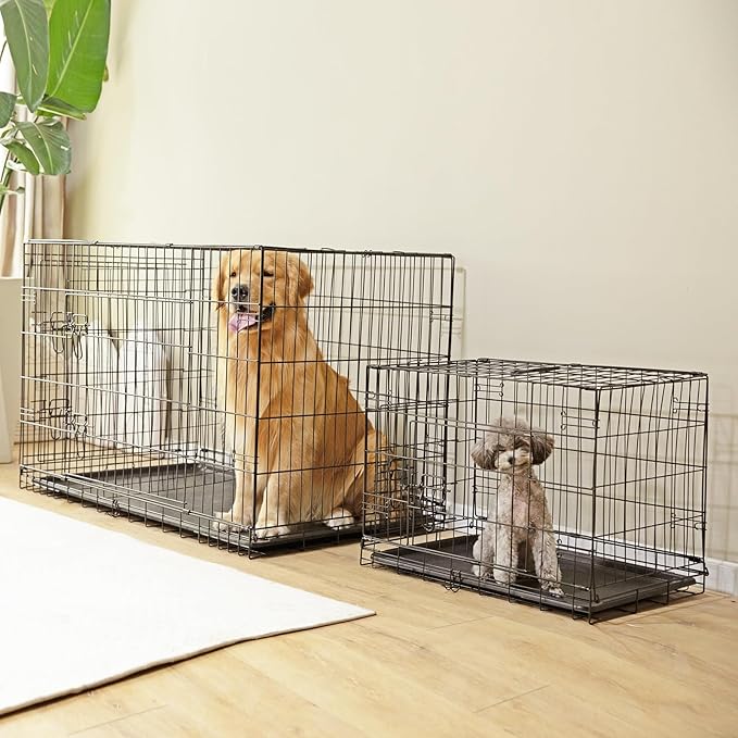 Double Door Dog Crate, Durable Metal Foldable Pet Crate with Secure Lock, Removable Tray for Easy Cleaning for Dogs Portable Pet Crate for Indoor, Outdoor, 30 Inch