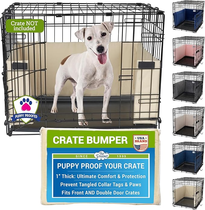 Pet Dreams Dog Crate Bumper - Comfy Liner & Dog Tail Protector for Inside Crate, Fits iCrate Cages 18, 24, 30, 36, 42, 48 Inches (Khaki, Small, 24")