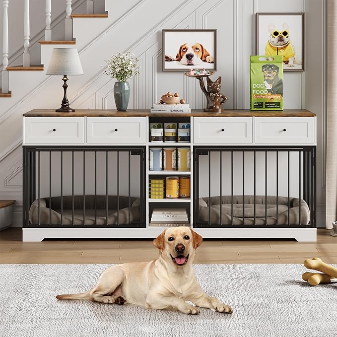 82??Double Dog Crate Furniture, Large Dog Kennel Indoor for 2 Dogs, Heavy Duty Wooden Dog Crate TV Stand with 4 Drawers and Shelves, White