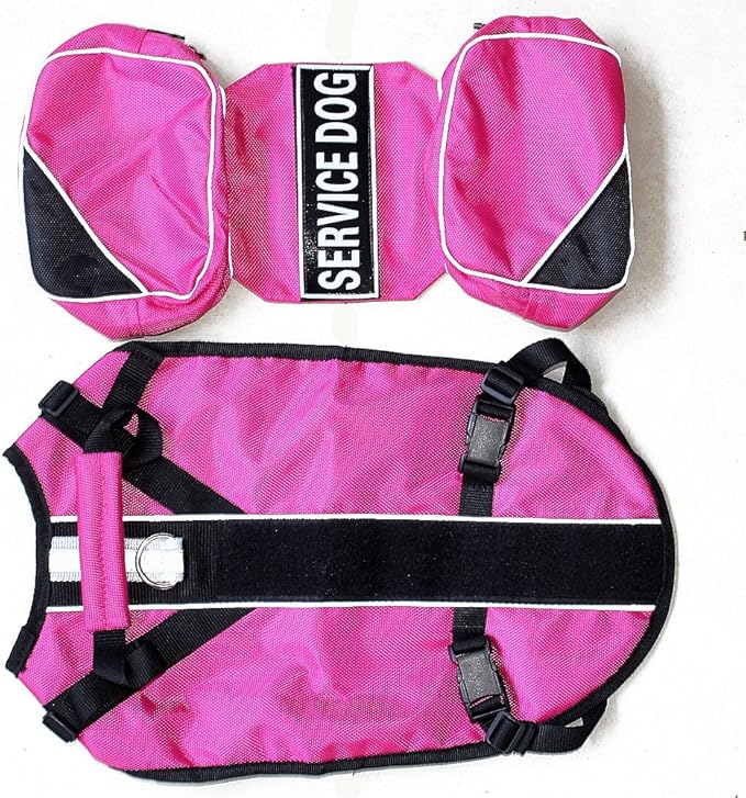 Service Dog Harness, Saddle Bag Backpack Carrier Outdoor Travel Hiking Camping Harness, Removable Saddle Bags and Patches (Hot Pink, S Girth 16-20")