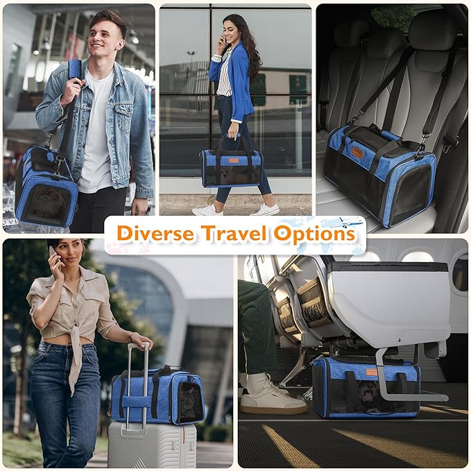 PETUX TSA Approved Pet Carrier in Cabin - 17"x11"x9.5", Underseat, Soft Sided Cat Carriers with Safety Zippers and Anti-Scratch Mesh for Small Cat up to 12 lb, Ideal for Travel and Vet Visit, Blue