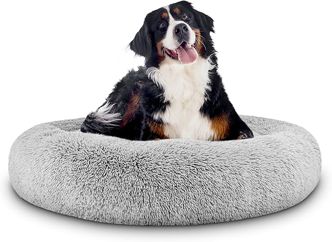 The Dog’s Bed Sound Sleep Donut Dog Bed, XL Silver Grey Fur Calming Nest Bed Removable Cover