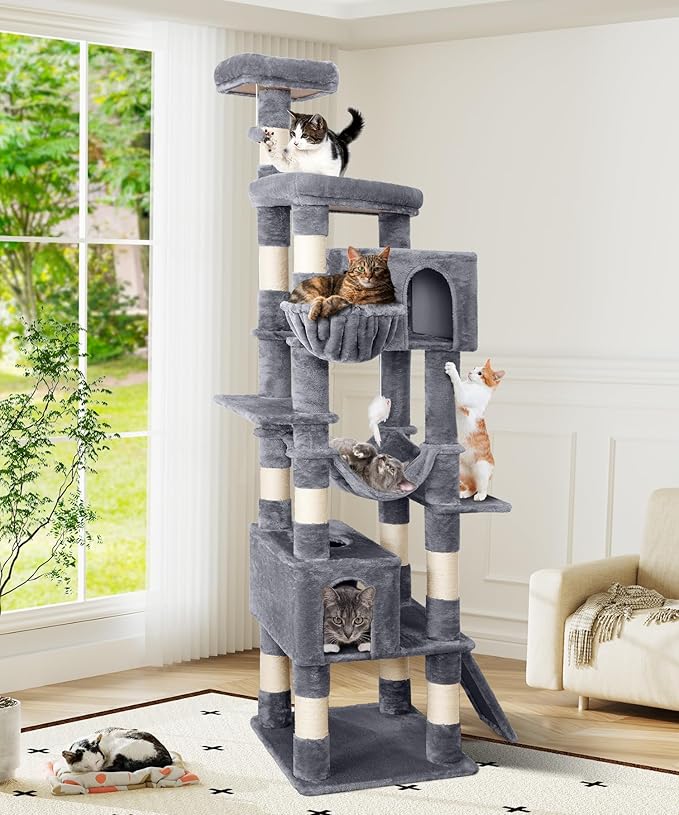 AMHANCIBLE Heavy Duty Cat Tree for Indoor Cats Large Adult 20 lbs+, 83 Inch Multi-Level Tall Cat Tower with Scratching Post and Board, Hammock, Condos, Hanging Basket, Grey, PT21GY