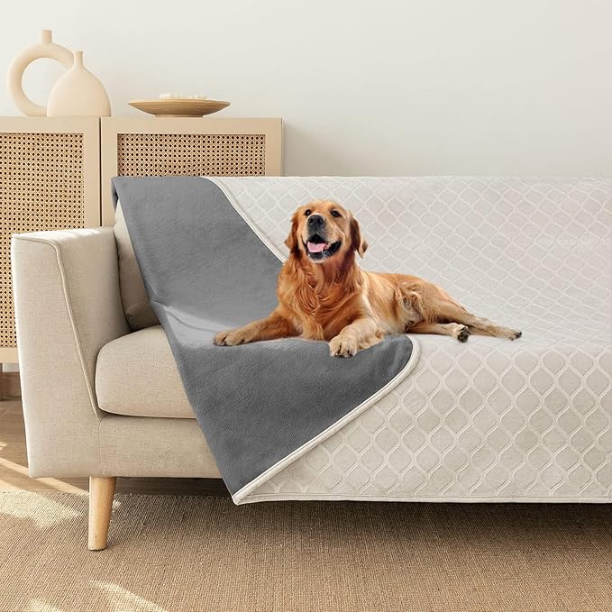 fuguitex Waterproof Dog Blanket Bed Cover Dog Crystal Velvet Moroccan Fuzzy Cozy Plush Pet Blanket Throw Blanket for Couch Sofa(82 * 82 inch, Cream+Grey)