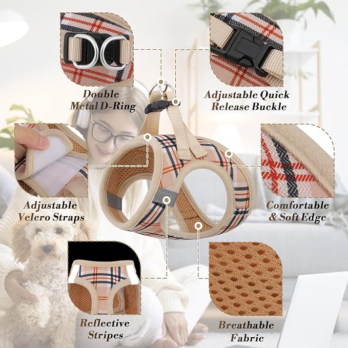 Athena Collection Step-in Dog Harness with 5 ft Leash, Small to Medium Dog Harness Leash Set Medium No Pull Dog Vest Harness with Reflective Strips Adjustable Velcro, Easy Walk Puppy Harness, Beige