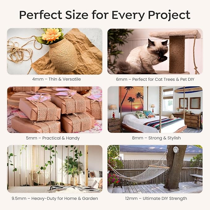 Premium Brazilian Sisal Rope, Natural Fiber 100% Sisal, Ultra Durable, Chemical-Free, Ideal for DIY, Cats, Scratching Post Replacement, Home Decor, Garden, Crafting (5/16” 100 ft / 8mm 30m)