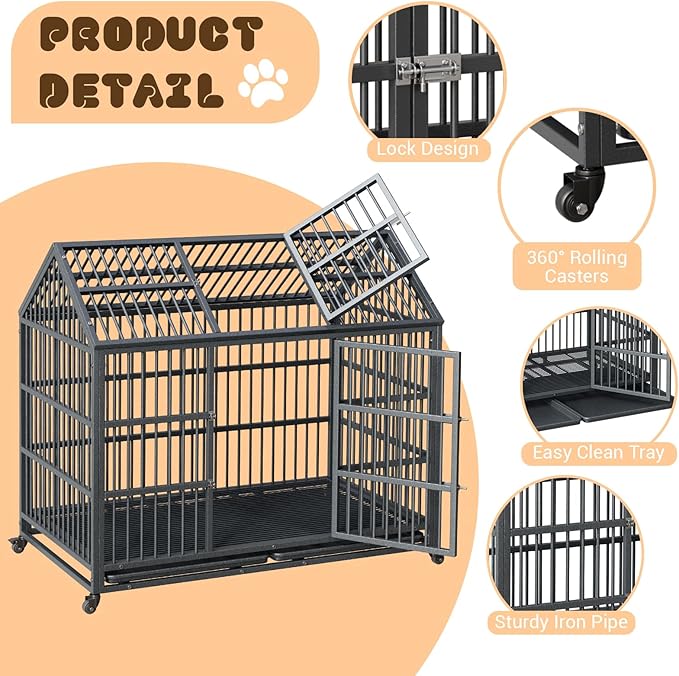 Heavy Duty Dog Crate, 52 Inch Dog Crate with Double Door, 360° Lockable Wheels and Removable Tray, Easy to Assembly,Indoor Dog Cage for Small Medium Large Dogs