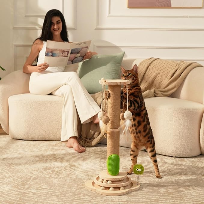 TINYBEAST Wooden Cat Scratching Post, 4 in 1 Cat Scratcher Toy with Cat Ball Tracks, 24.8" Tall Sisal Scratch Post for Indoor Kittens Adult Cats, Interactive Feather Toy and 4 Sisal Hanging Balls