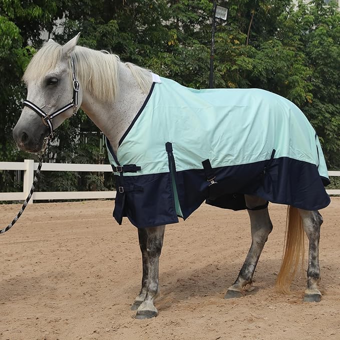 600 Denier Rip-Stop Horse Rain Sheet Lightweight Waterproof and Breathable Turnout Horse Blanket (No Fill) Turquoise/Navy 81