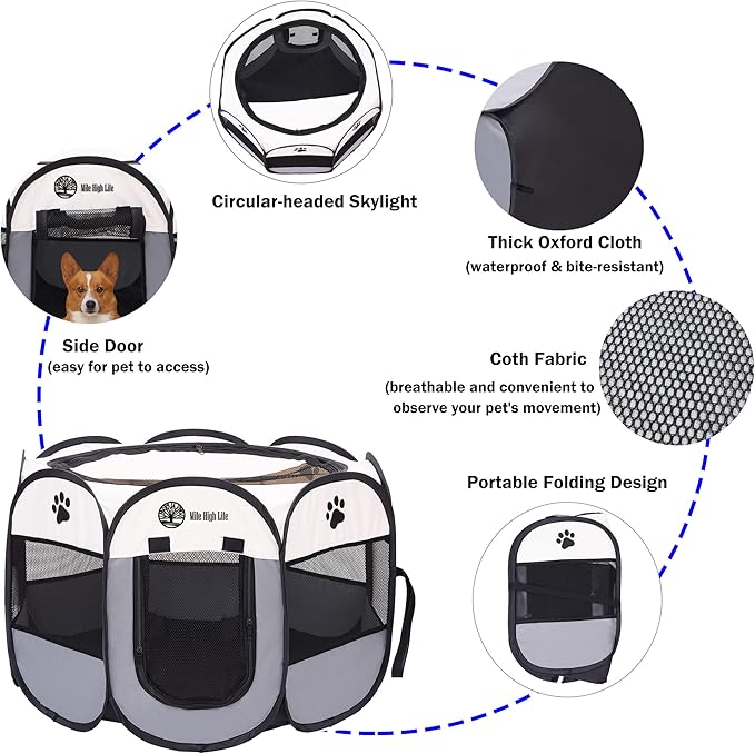 Mile High Life | Foldable Dog Playpen | Portable Dog Crate w Removable Shade Cover | Dog Kennel Indoor/Outdoor w Carry Case | Pen Tent for Dog/Cat/Rabbit(Gray, Large (45"x45"x23"))