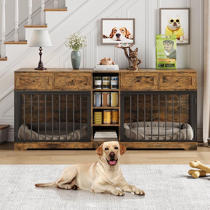 82??Double Dog Crate Furniture, Large Dog Kennel Indoor for 2 Dogs, Heavy Duty Wooden Dog Crate TV Stand with 4 Drawers and Shelves, Brown