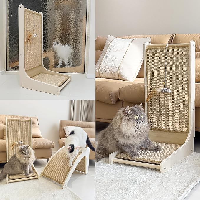PETKARAY Cat Scratcher, Sisal Cat Scratch Pad, L Shape Scratching Board for Indoor Kitty, Floor Mounted Scratcher with Mouse Toy Catnip