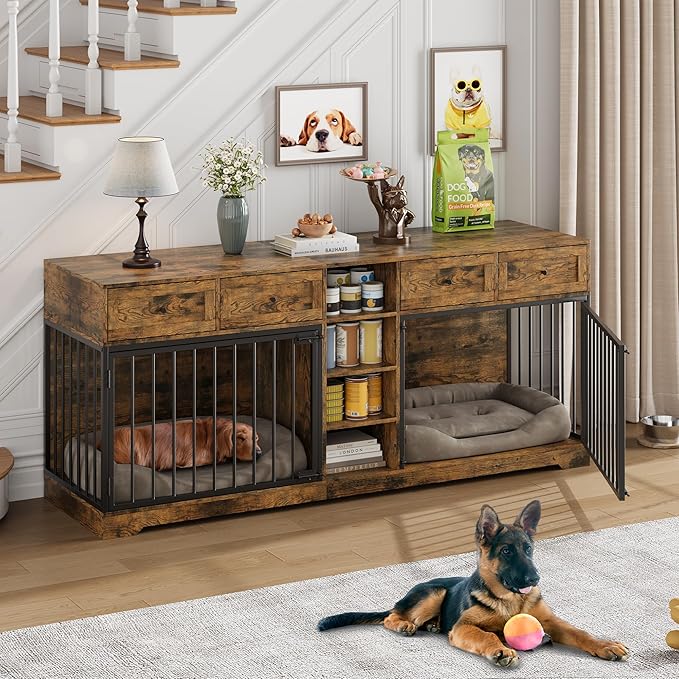 82??Double Dog Crate Furniture, Large Dog Kennel Indoor for 2 Dogs, Heavy Duty Wooden Dog Crate TV Stand with 4 Drawers and Shelves, Brown