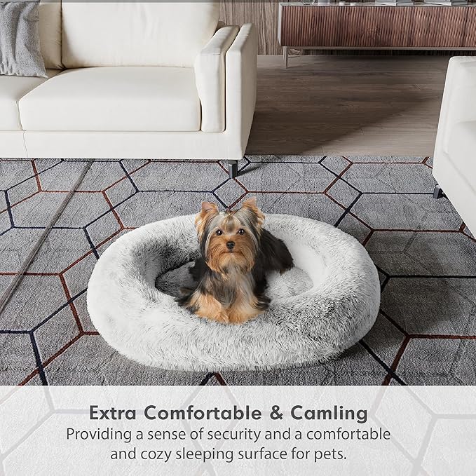 Medium Sized Orthopedic Dog Beds, Donut Calming Pet Beds with Comfort Foam Support, Fluffy Non-Slip Couch for Dog and Cat, with Washable and Indestructible Cover, 32 Inches, Light Grey