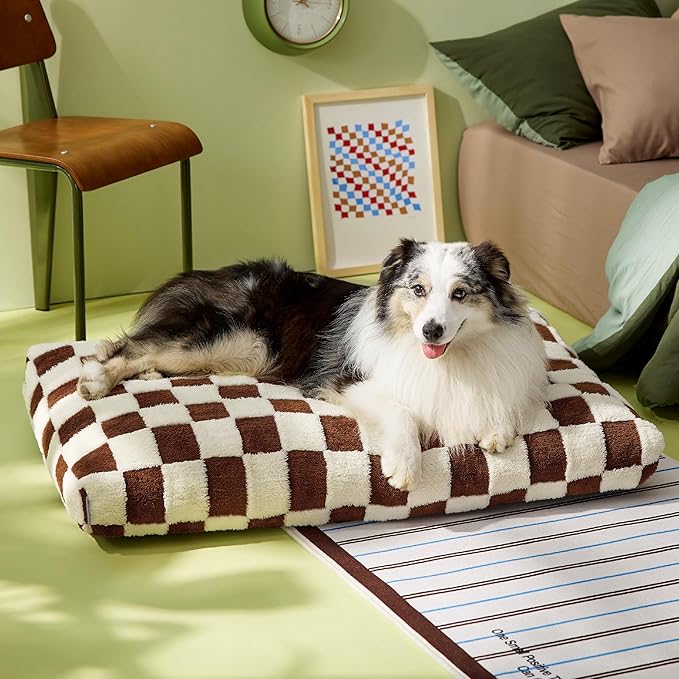 LE SURE XLarge Dog Bed-Thick Shredded Chopped Foam Pet Bed Indoor with Removable Cover, Cute Modern Fuzzy Plush & Anti Slip Bottom, Brown