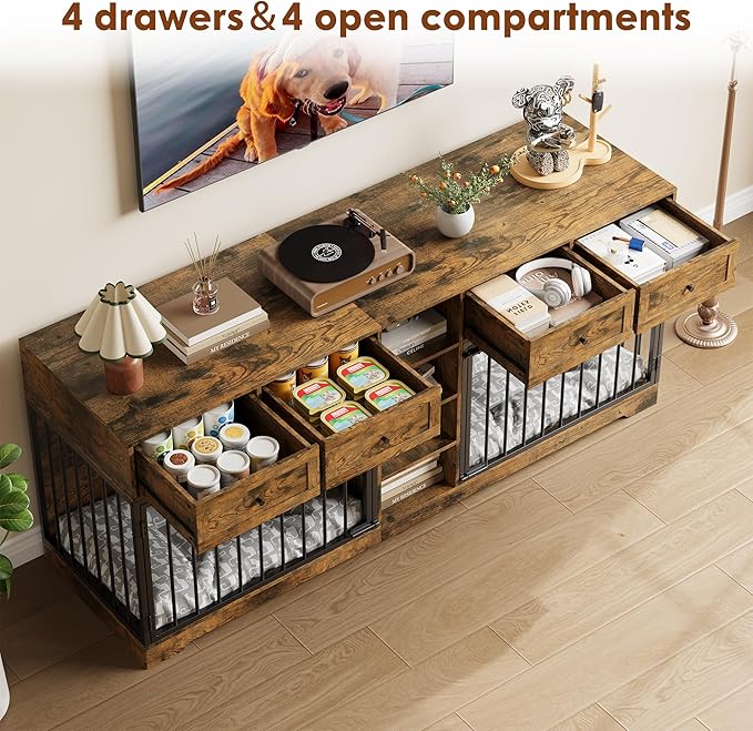 82??Double Dog Crate Furniture, Large Dog Kennel Indoor for 2 Dogs, Heavy Duty Wooden Dog Crate TV Stand with 4 Drawers and Shelves, Brown