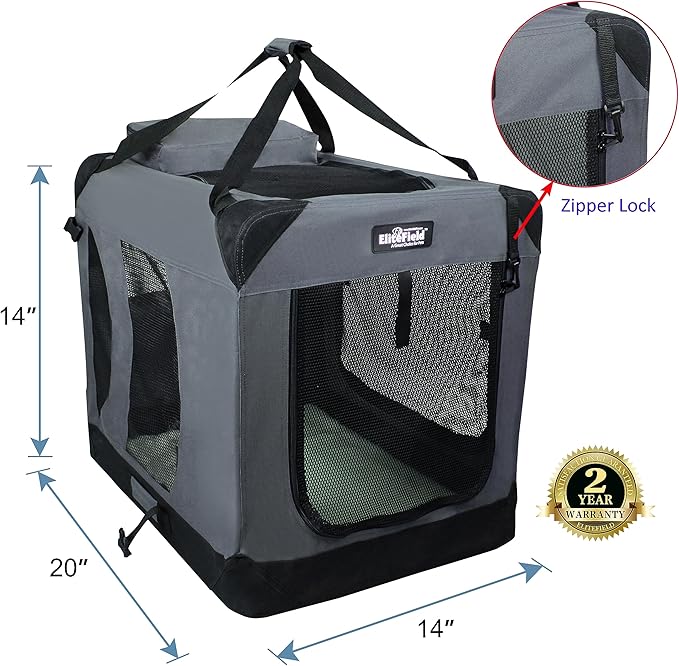 EliteField 3-Door Folding Soft Dog Crate with Carrying Bag and Fleece Bed (2 Year Warranty), Indoor & Outdoor Pet Home (20" L x 14" W x 14" H, Gray)