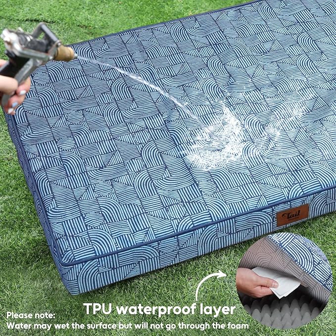 Outdoor Dog Bed for Medium Dogs, Waterproof Dog Crate Mat Orthopedic Egg Crate Foam Pet Bed with Washable Removable Oxford Cover, White Blue