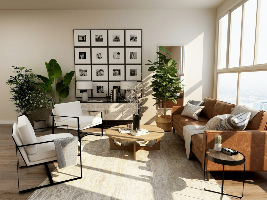 Layered rugs in a living room with natural fiber base rug and colorful patterned top rug