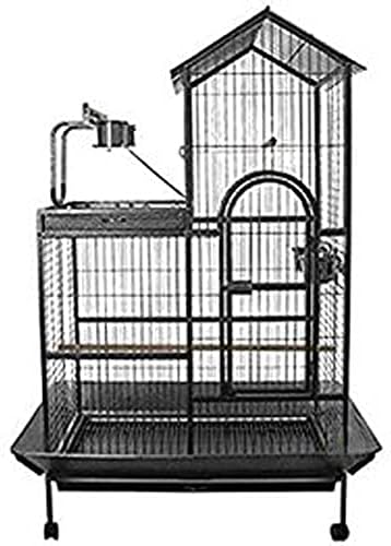 Extra Large Parrot Bird Wrought Iron Rolling Cage with Play Stand Perch Ground with Seed Guard (36" x 26" x 60"H, Black Vein)