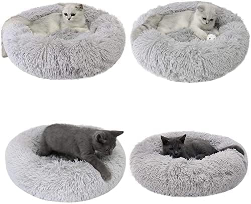 KittyComforts 24 inch Washable Round Plush Faux Fur Cat Bed - Anti-Anxiety Dog & Cat Bed for Small to Medium Pets - Thick Bottom (Light Grey, Large)