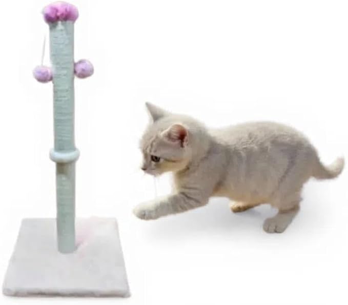 Sisal Cat Scratching Post, Tall Climbing Pole with Pom Poms, Pink and Gray