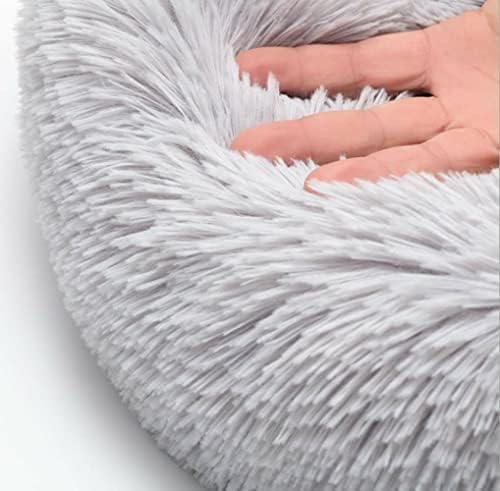 Original Calming Donut Dog and Cat Bed in Shag Fur, Dog Beds for Large Dogs, Anti Anxiety Round Fluffy Plush Faux Fur Pet Bed (Light Grey, 40x40)
