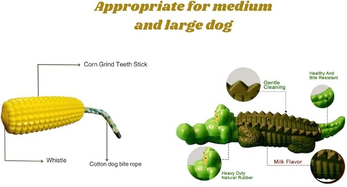 Dog Chew Toys for Aggressive Chewers 2 Pack, Cartoon Alligator and Corn-Shaped Squeak Interactive Dog Toys, Heavy Duty Rubber Chew Toy, Durable Dog Toys for Medium and Large Dog Breeds.