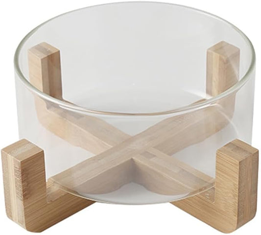 PRETYZOOM Glass Salad Bowl with Solid Wood Base Versatile Serving Bowl Kitchen Utensils for Fruits Noodles Desserts 6 Inch