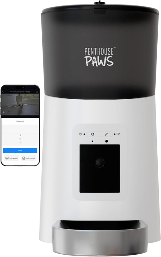 Smart HD Automatic Cat Feeder with 1080P Camera & Night Vision, 2-Way Audio, WiFi App Control, Anti-Jam 6L Pet Feeder with Battery Backup, Schedules Up to 15 Meals for Cat & Dog White Stainless Steel