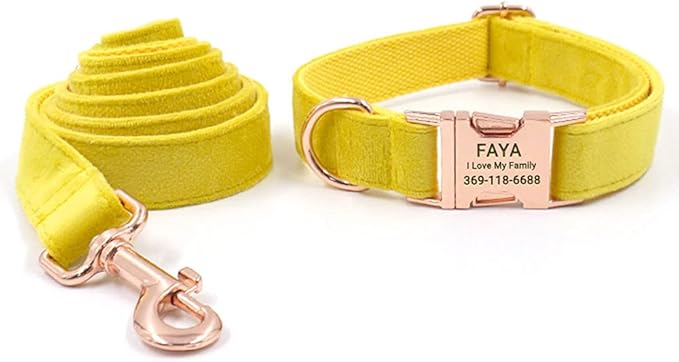 PETDURO Custom Dog Collar Personalized with Name Engraved Quick Release Rose Gold Metal Buckle for Large Medium Small Girl Dogs - Dog Leash and Bow Tie Available - Soft Comfy Velvet (Yellow, XL)