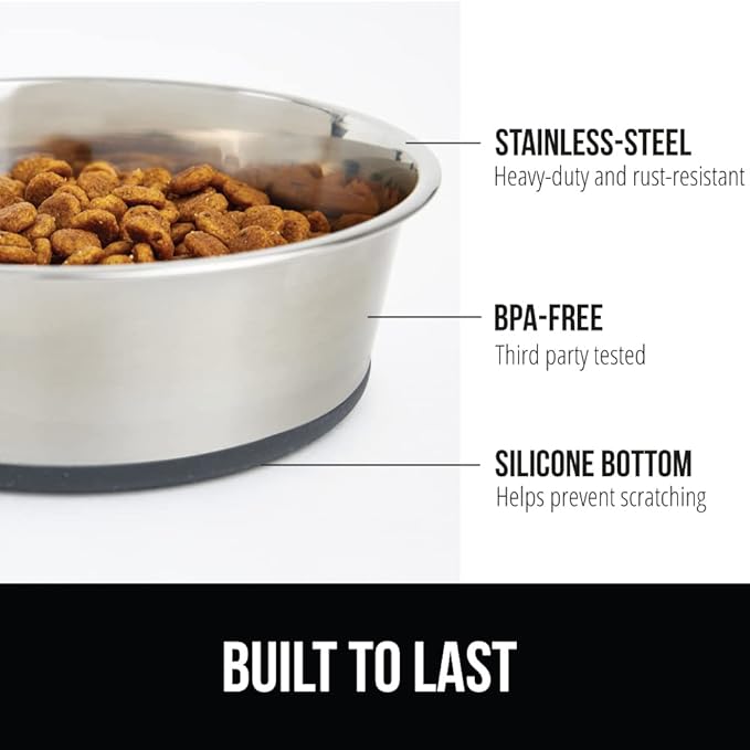 GORILLA GRIP Dog Bowls, Holds 1 Cup Each (8 fl oz), Heavy Duty Stainless Steel Food and Water Bowl for Feeding Dogs and Cats, Dishwasher Safe, Rust Resistant Metal, BPA Free Rubber Base, Set of 2 Gray