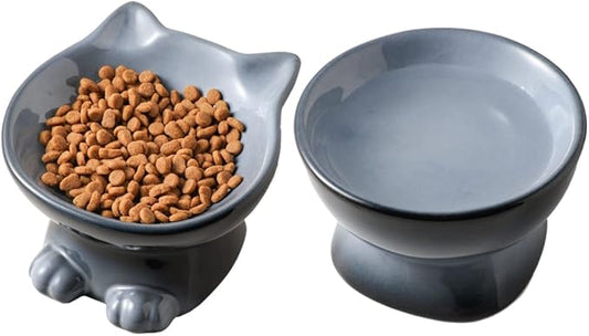 Nihow Ceramic Raised Cat & Dog Bowls: 5 Inch Elegant Gray (2 PC), Protecting Pet's Spine, Feeding & Watering Supplies, Modern Design, Anti Vomiting, Whisker Friendly