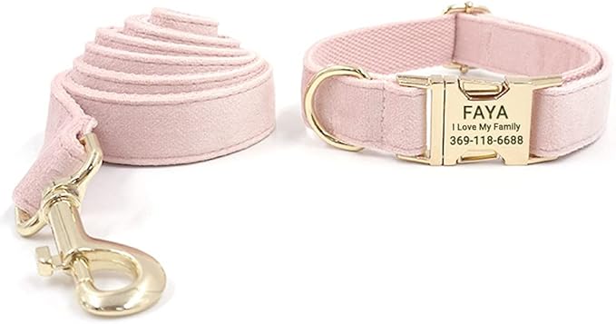 PETDURO Custom Dog Collar Personalized with Name Engraved Quick Release Rose Gold Metal Buckle for Large Medium Small Girl Dogs - Dog Leash and Bow Tie Available - Soft Comfy Velvet (Pink, L)