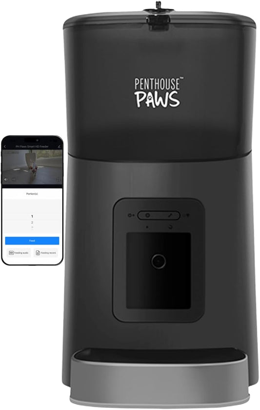 Smart HD Automatic Cat Feeder with 1080P Camera & Night Vision, 2-Way Audio, WiFi App Control, Anti-Jam 6L Pet Feeder with Battery Backup, Schedules Up to 15 Meals for Cat & Dog Black Stainless Steel