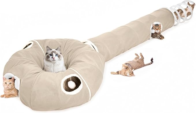 Ownpets 2-in-1 Cat Tunnel, Large Lollipop Shape Cat Tunnel Toy with Fluffy Balls, Spiral Toy, Plush Collapsible Cat Cave Hideout Donut Tunnel for Multi Kitten Puppy Rabbit, Beige