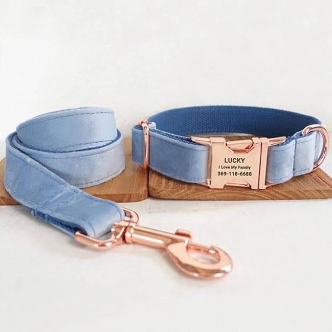 PETDURO Personalized Dog Collar Dusty Blue Soft Velvet for Large Medium Small Boy Girl Dogs - Custom Collar with Name Phone Engraved on Rose Gold Metal Buckle - Add Leash Bow Set via Customize Now