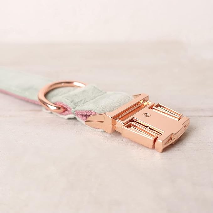 PETDURO Custom Dog Collar Personalized with Name Engraved Quick Release Rose Gold Metal Buckle for Large Medium Small Girl Dogs - Dog Leash and Bow Tie Available - Soft Comfy Velvet (Mint Pink, L)