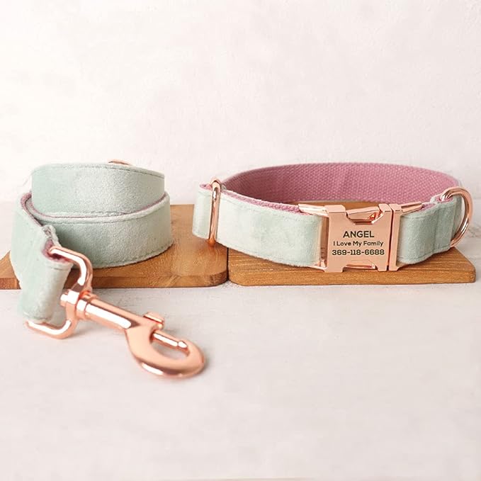 PETDURO Custom Dog Collar Personalized with Name Engraved Quick Release Rose Gold Metal Buckle for Large Medium Small Girl Dogs - Dog Leash and Bow Tie Available - Soft Comfy Velvet (Mint Pink, S)
