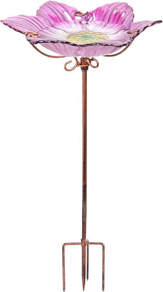 Outdoor Bird Bath Glass Birdbath Garden Birdfeeder with Metal Stake Pink(Height:26inch)