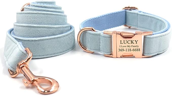 PETDURO Custom Dog Collar Personalized with Name Engraved Quick Release Rose Gold Metal Buckle for Large Medium Small Girl Dogs - Dog Leash and Bow Tie Available - Soft Comfy Velvet (Sky Blue, XS)