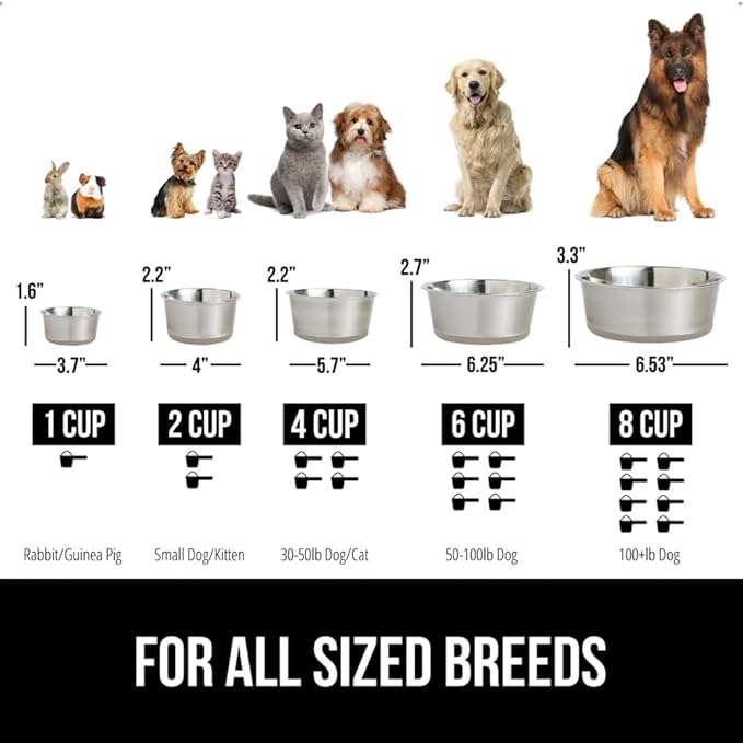GORILLA GRIP Dog Bowls, Holds 1 Cup Each (8 fl oz), Heavy Duty Stainless Steel Food and Water Bowl for Feeding Dogs and Cats, Dishwasher Safe, Rust Resistant Metal BPA Free Rubber Base, Set of 2 Beige