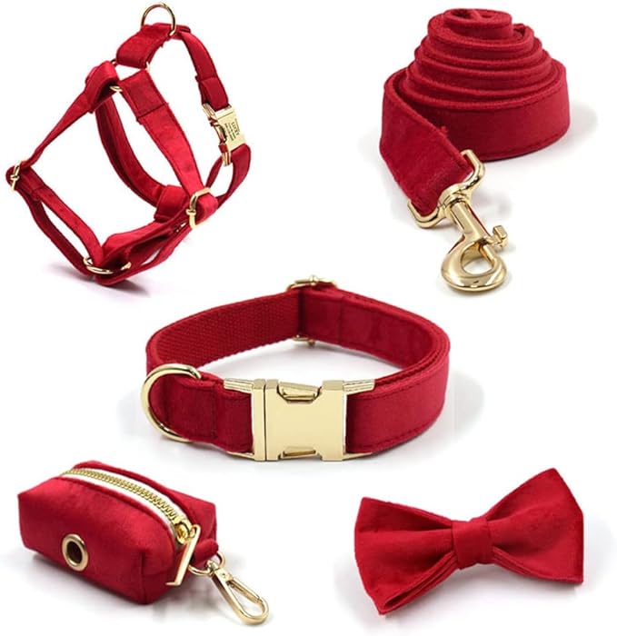 PETDURO Custom Dog Collar Personalized with Name Engraved Quick Release Rose Gold Metal Buckle for Large Medium Small Girl Dogs - Dog Leash and Bow Tie Available - Soft Comfy Velvet (Red, XL)