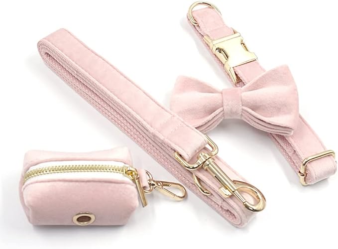 PETDURO Custom Dog Collar Personalized with Name Engraved Quick Release Rose Gold Metal Buckle for Large Medium Small Girl Dogs - Dog Leash and Bow Tie Available - Soft Comfy Velvet (Pink, S)