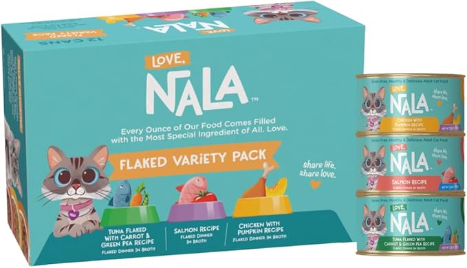 LOVE, NALA Natural Flaked Wet Cat Food Variety Pack – Salmon, Tuna with Carrot & Pea, Chicken with Pumpkin – Grain Free, Non-GMO, High Protein, Omega-3, Added Vitamins & Minerals, 12 Pack (2.4 lb)